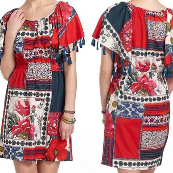 Anthropologie Vanessa Virginia Persian Rose Patchwork Dress Tasseled Lined Small - Picture 1 of 5